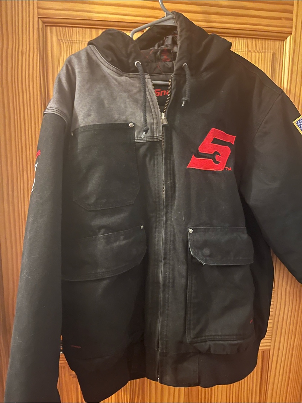 Snap Black Hooded Bomber Jacket with Red 'S' Patch